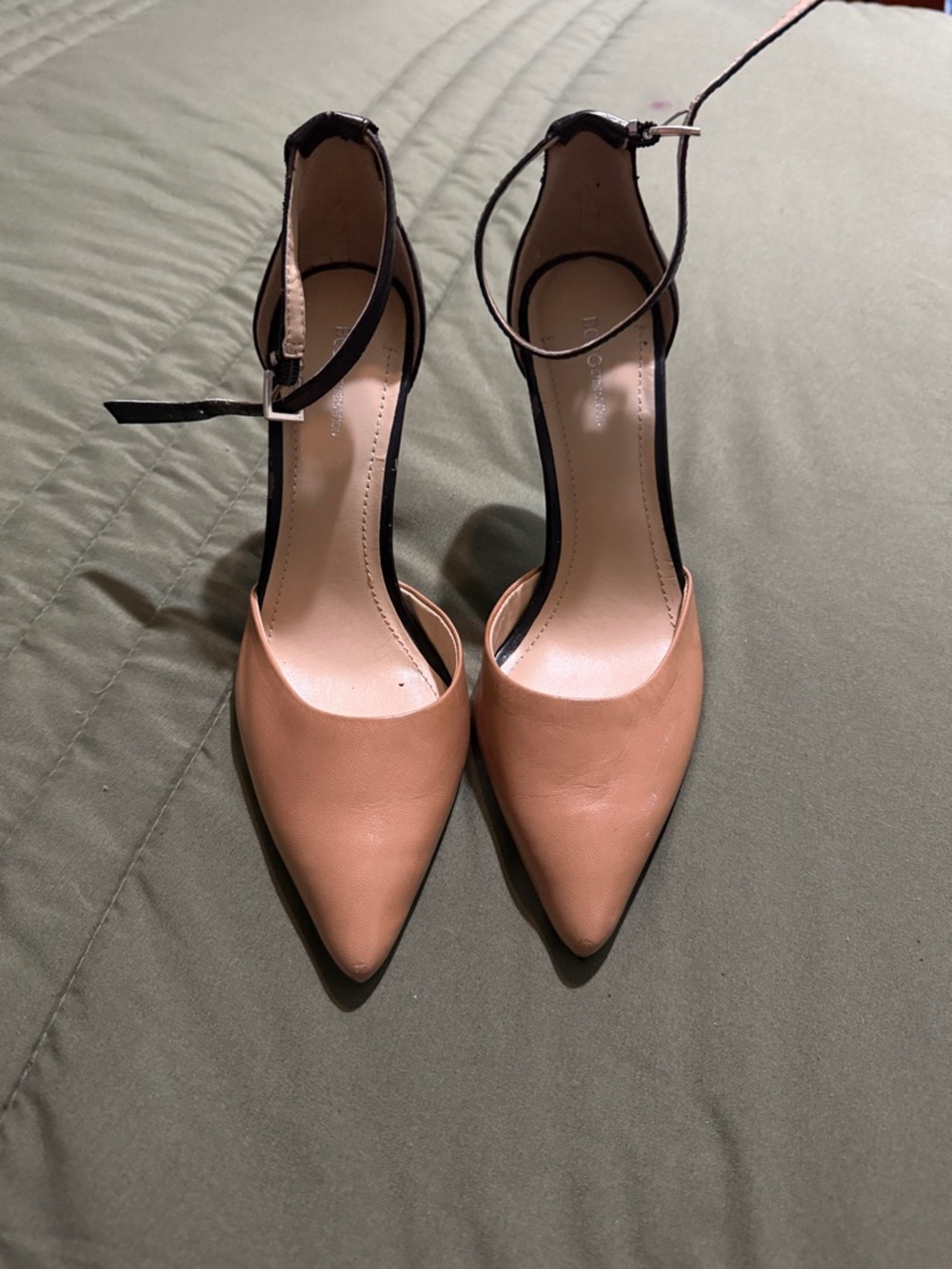 BCBGeneration Tan Pointed-Toe Ankle Strap Pumps with Black Trim